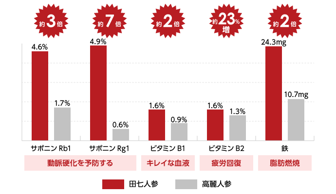 田七人参と高麗人参の成分比較表